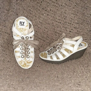 FLY LONDON-Yito-White  Leather Gladiator-Ghillie Wedge Sandal-Sz 37-Near Mint